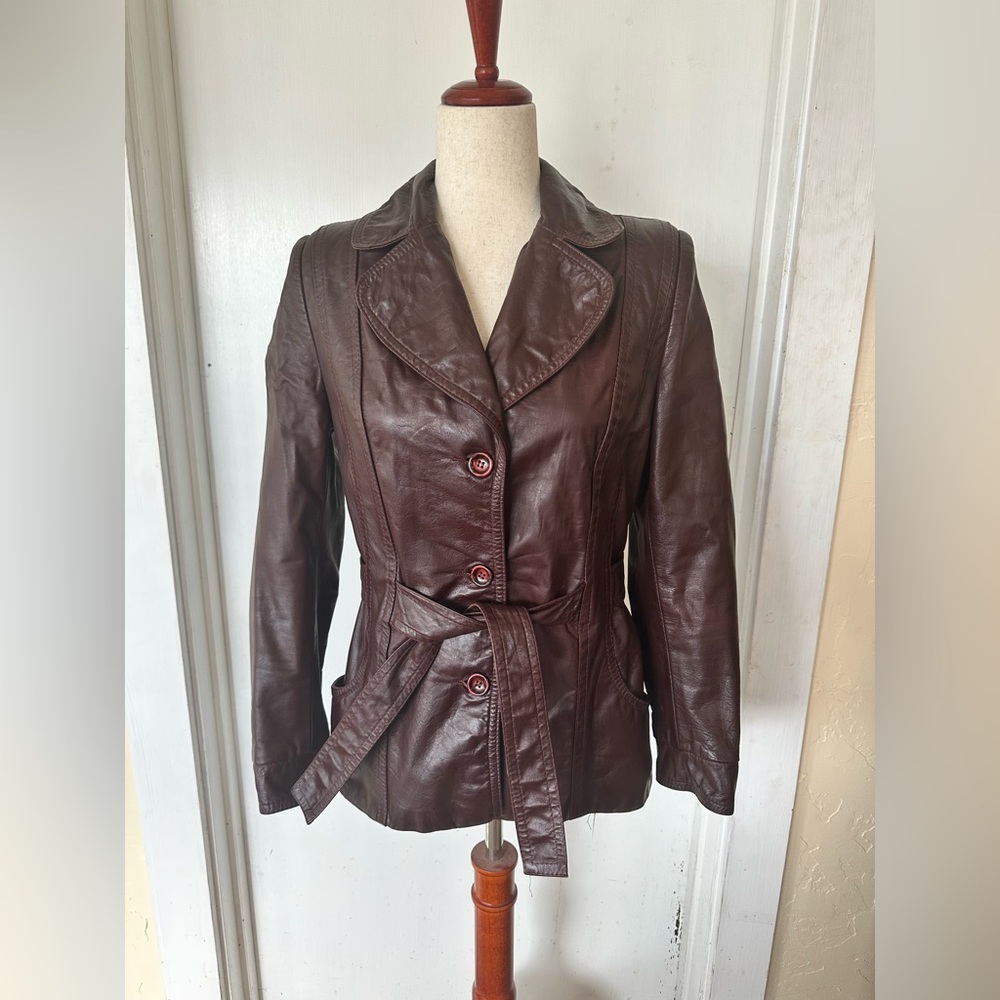 Vintage Nordstrom The Brass Plum Burgundy Leather Jacket Attached Belt Size S